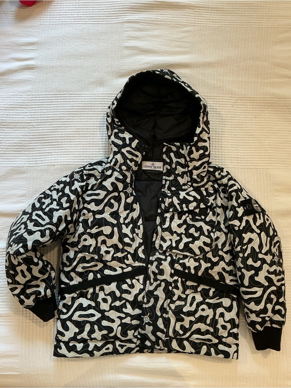 Stone Island Kids Black & White Hooded Puffer with Camouflage Print